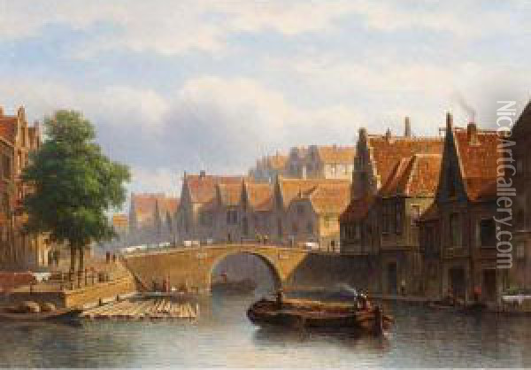 Canal In A Busy Dutch Town Oil Painting - Eduard Alexander Hilverdink