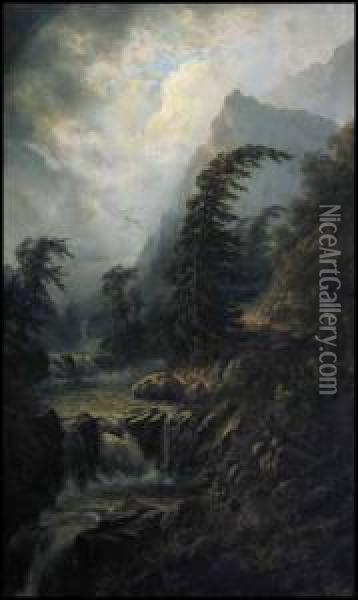 Mountain And Waterfalls Oil Painting - Alexander Francois Loemans