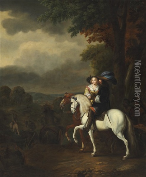 An Elegant Couple Riding In A Wide Landscape Oil Painting - Abraham Wuchters