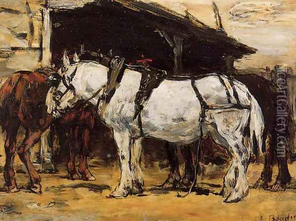 Harnessed Horses Oil Painting - Eugene Boudin