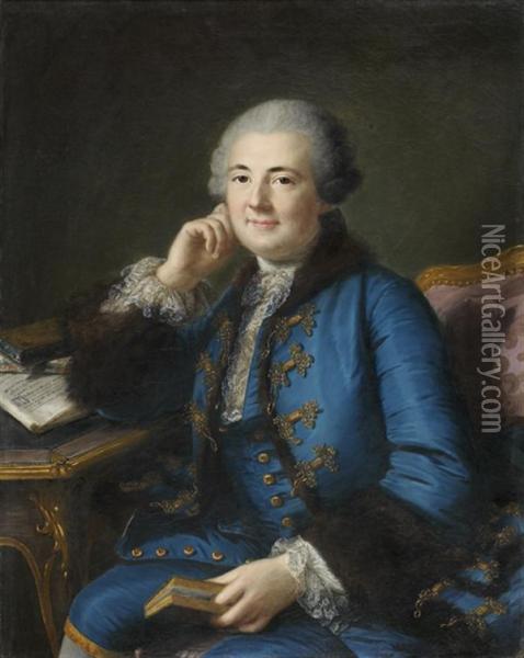 Portrait De Gentilhomme Accoude A Son Bureau Et Tenant Un Livre Oil Painting - Marianne Loir