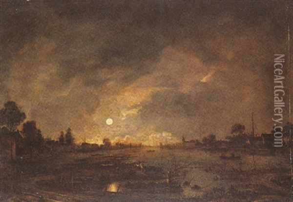 An Extensive Moonlit River Landscape Near A Village Oil Painting - Aert van der Neer