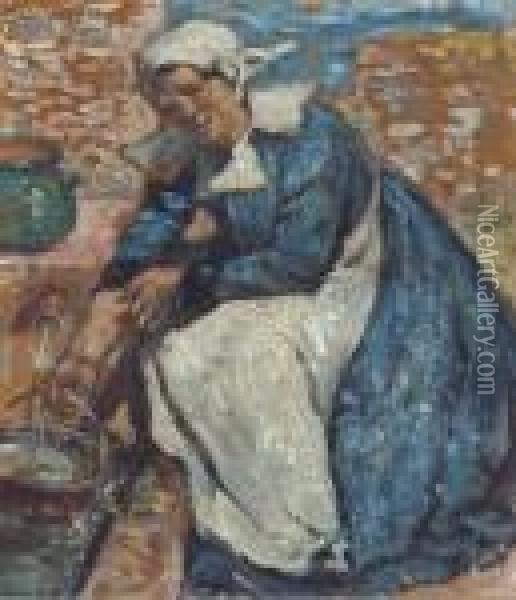 Une Femme Assise Prenant De L'eau A Une Fontaine Oil Painting - Richard Ranft