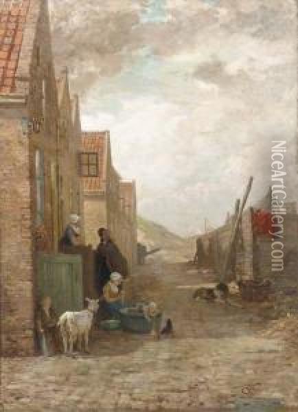 Figures And Animals In A Small Street, Arnemuiden Oil Painting - Henri van Seben