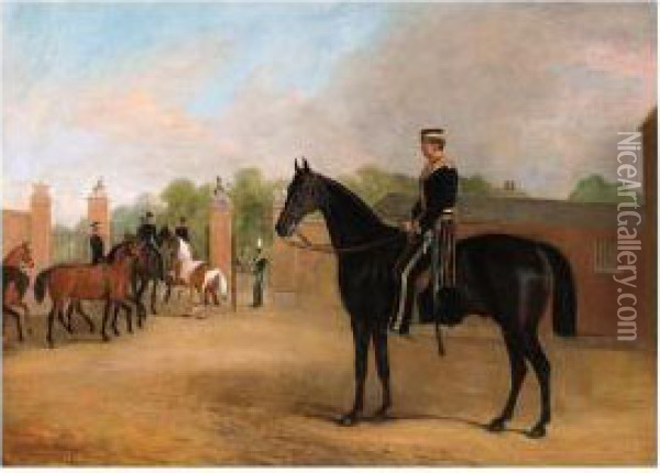 A Mounted Cavalry Officer In A Courtyard At Hyde Park Oil Painting - John Jnr. Ferneley