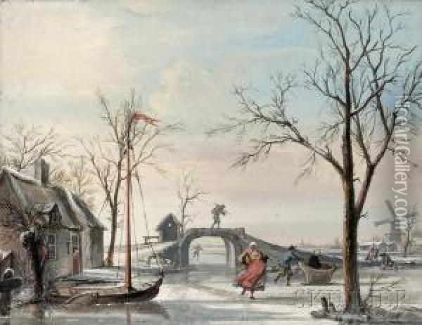 Skaters On A Frozen Canal Oil Painting - Cornelis Troost