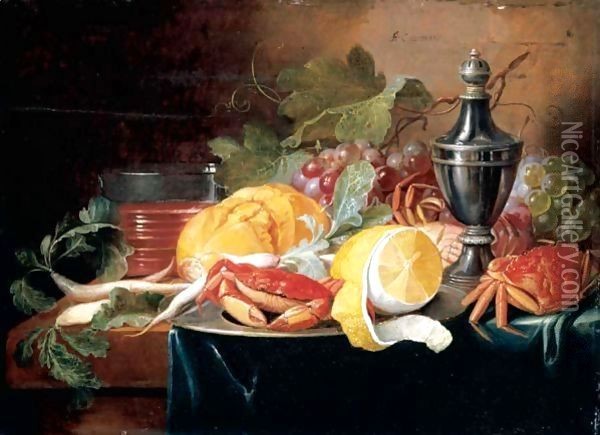 A Still Life With Grapes, A Lemon, Crabs And Bread Upon Pewter Dishes Oil Painting - Alexander Coosemans