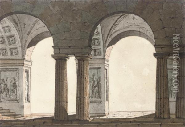 Technical Designs With Coffered Vaulting And Columns Oil Painting - Agostino Aglio