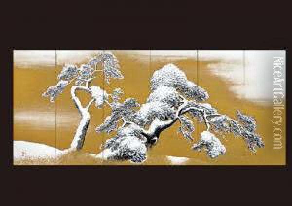 Snow, Pine Tree Folding Screen Oil Painting - Okyo Maruyama
