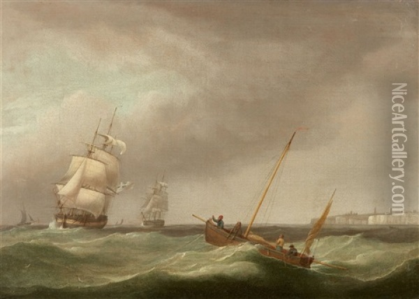 Sailing Ships Before The Cliffs Of Dover Oil Painting - Thomas Whitcombe