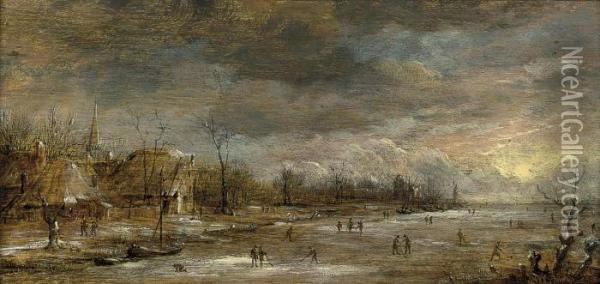 A Winter River Landscape With Skaters Oil Painting - Aert van der Neer