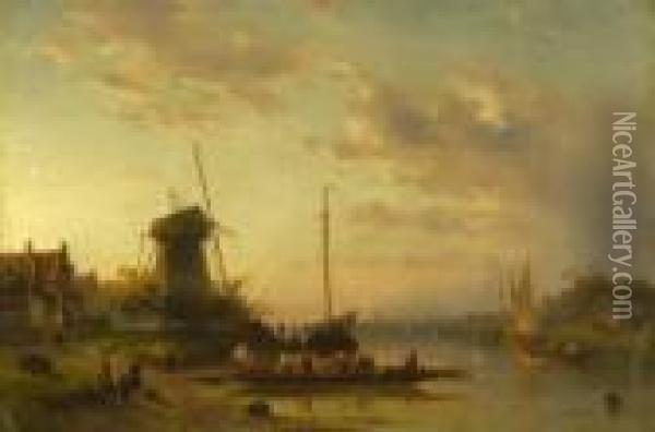 Hollandische Flusslandschaft Im Morgenlicht. Oil Painting - Charles Henri Leickert