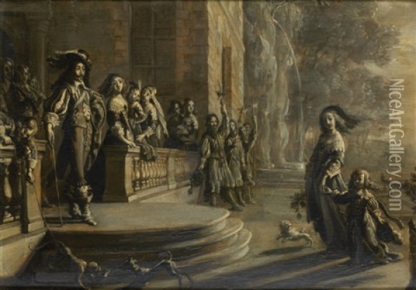 Louis Xiii Accueillant La Reine Anne D'autriche Et Le Dauphin De France Louis Dans Le Parc Oil Painting - Jean de Saint-Igny