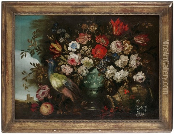 Stilleben Med Blommor Och Pafagel Oil Painting - Andrea Belvedere