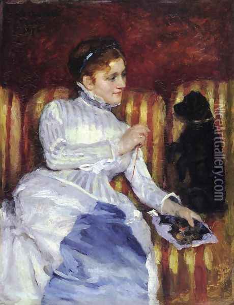 Woman On A Striped With A Dog Aka Young Woman On A Striped Sofa With Her Dog Oil Painting - Mary Cassatt