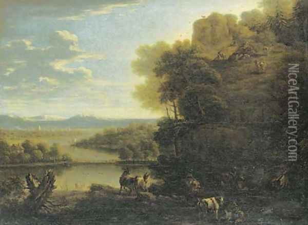 A goatherd and goats on a rocky wooded outcrop before an extensive river landscape Oil Painting - John Wootton