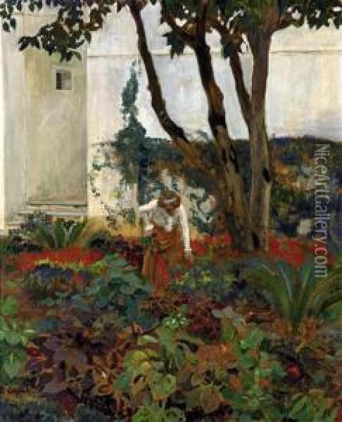 Ketty Carre Dans Le Jardin De La Villa Abd-el-tif Oil Painting - Leon Carre
