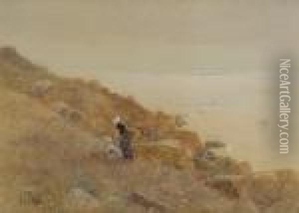 Coastal Scene With Children Picking Flowers On A Cliffside Oil Painting - Hector Caffieri