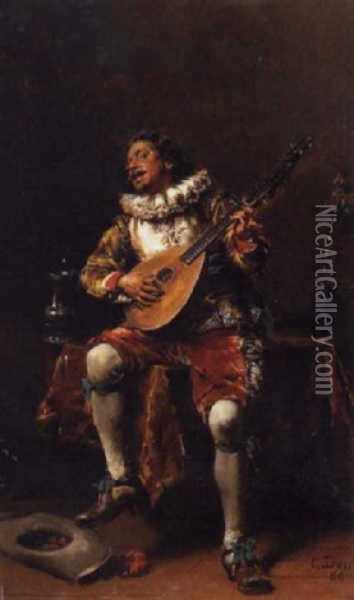 A Cavalier Playing A Lute Oil Painting - Cesare Auguste Detti