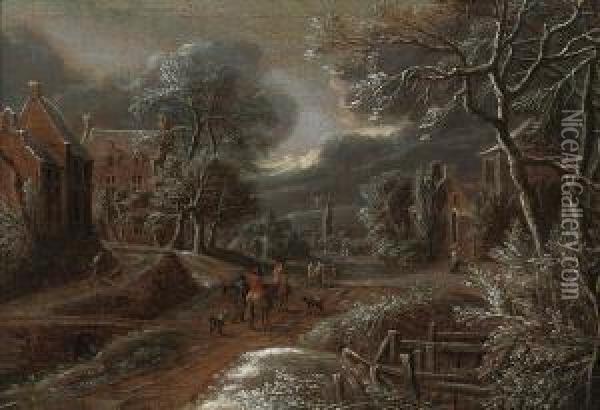 A Winter Landscape Of A Village With Figures On A Track Oil Painting - Jan Abrahamsz. Beerstraaten