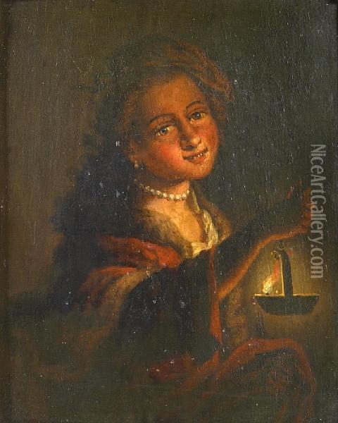 A Portrait Of A Girl With A Lamp Oil Painting - Godfried Schalcken