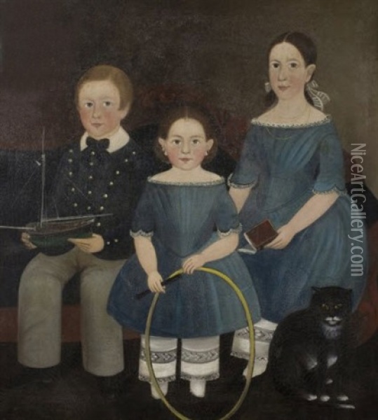 Portrait Of Three Brown Family Children With Boat, Hoop And Cat Oil Painting - Sturtevant J. Hamblen