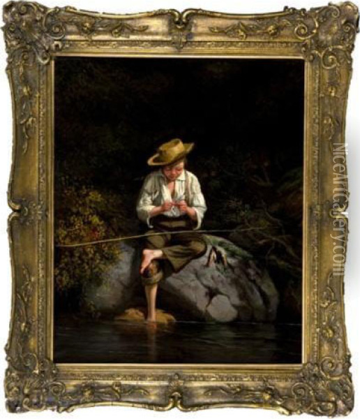 Scene Of A Boy In A Straw Hat Sitting On A Rock Oil Painting - George Caleb Bingham