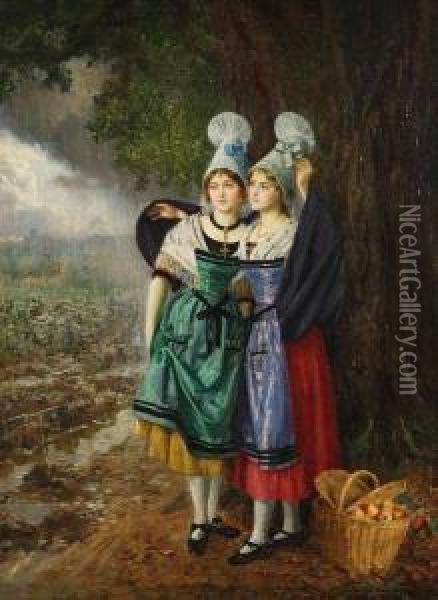 Twee Meisjes Uit Bordeaux Schuilend Voor De Regen Na De Appelpluk Oil Painting - Basile Lemeunier