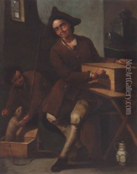A Young Man Operating A Magic Lantern While His Assistant Releases A Ferret Oil Painting - Giacomo Francesco Cipper