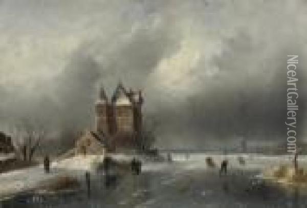 Skaters On A Frozen Waterway By A Mansion Oil Painting - Charles Henri Leickert