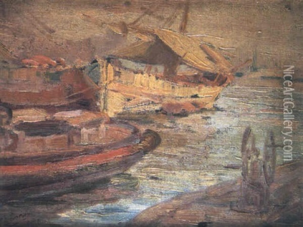 Barcas Amarradas En El Puerto Oil Painting - Francisco Gimeno Arasa