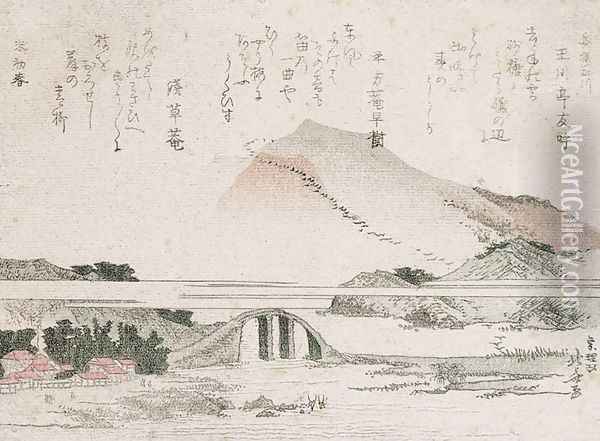 Mountainous Landscape with a Bridge Oil Painting - Katsushika Hokusai