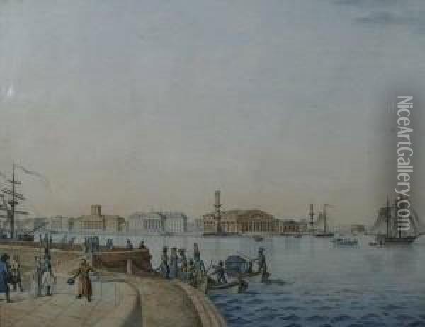 The Spit Of Vasilyevsky Island, A Portion From The Footway Down The Neve In The Placement Embankment Oil Painting - Benjamin Patersson