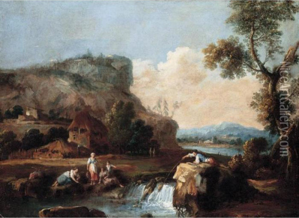 A Pastoral Landscape With A Fisherman And Other Figures By A Stream Oil Painting - Giuseppe Zais
