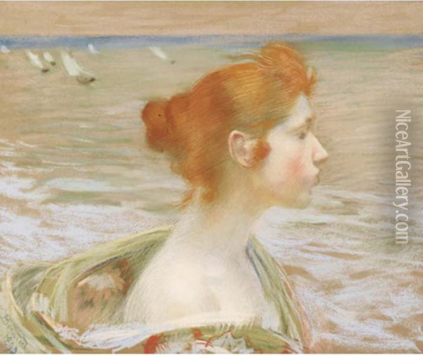 Profil De Jeune Fille Au Bord De La Mer Oil Painting - Paul Albert Besnard