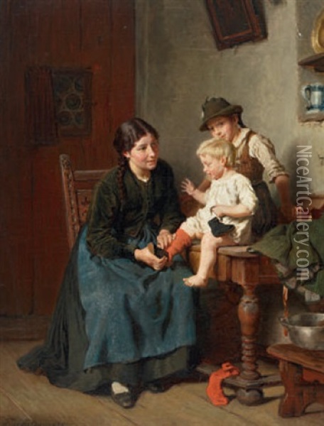 Interieur Mit Madchen Und Zwei Jungeren Geschwistern Oil Painting - Felix Schlesinger