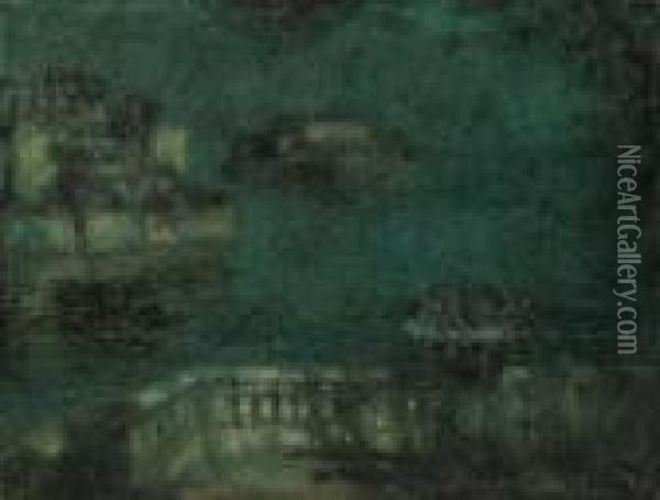 La Vasque Au Clair De Lune, Stresa Oil Painting - Henri Eugene Augustin Le Sidaner