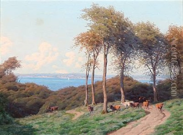 Grazing Cows In A Landscape. C. Bartsch Oil Painting - Carl Frederik Bartsch