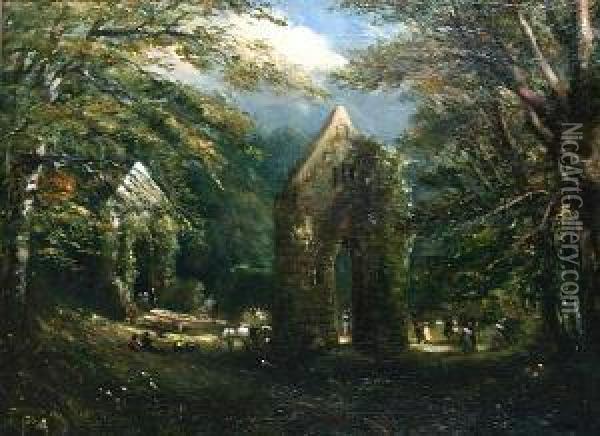 Figures Amongst The Ruins, Thought To Be Bolton Abbey Oil Painting - Frederick Henry Henshaw
