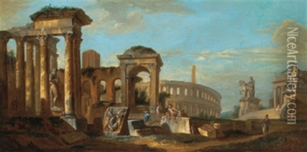 Architetture Con Ta Torre Delle Milizie E Il Colosseo A Roma Oil Painting - Giovanni Paolo Panini