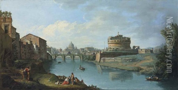 The Tiber River, Rome, Looking Towards The Castel Sant'angelo, With Saint Peter's Basilica Beyond Oil Painting - Giuseppe Zocchi