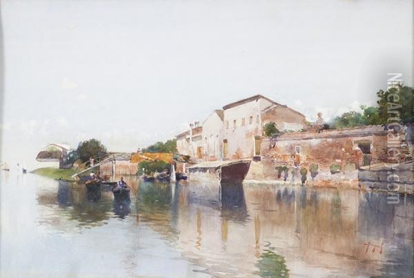 Veduta Di Canale Veneziano Oil Painting - Emanuele Brugnoli