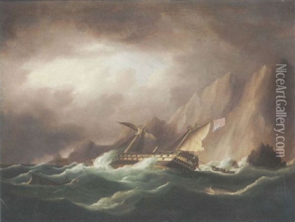 The Wreck Of A British Third Rate, With Rescue At Hand Oil Painting - Thomas Buttersworth