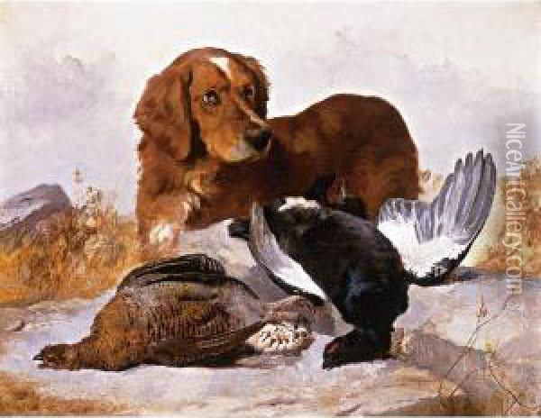 A Setter With Game Birds In A Highland Landscape Oil Painting - George W. Horlor