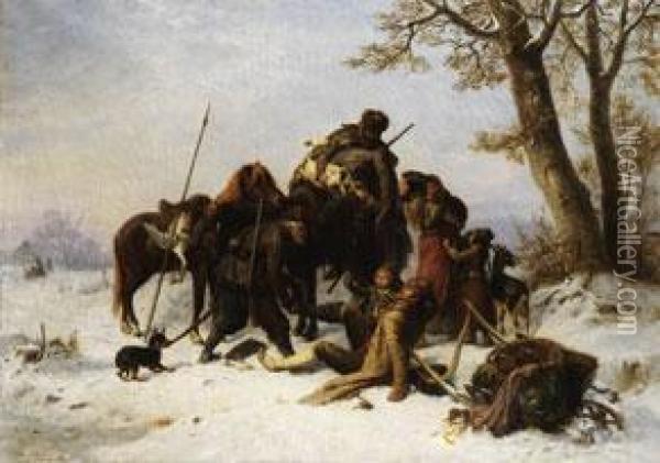 Plundernde Kosaken In Winterlandschaft Oil Painting - William Karl Hahn