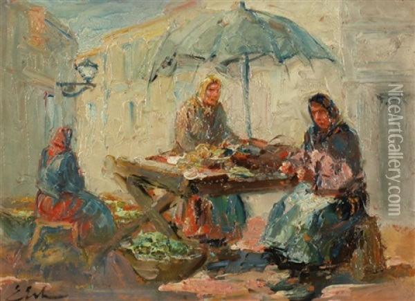 Lvov Market Sellers Oil Painting - Erno Erb