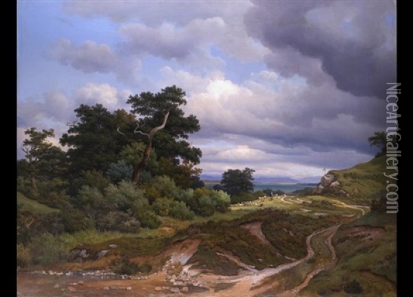 Sudbayerische Landschaft Mit Blick Auf Einen See Oil Painting - Georg Heinrich Crola
