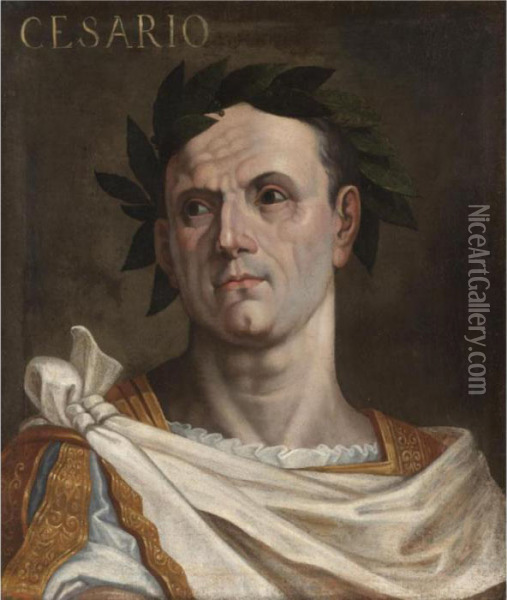 Portrait Of Julius Ceaser, Bust Length, Wearing A Toga And A Laurel Wreath Oil Painting - Bernardino Campi