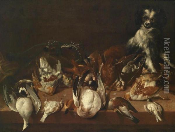 A Hunting Still Life With Shot Wildfowl And A Dog Oil Painting - Jan Fyt
