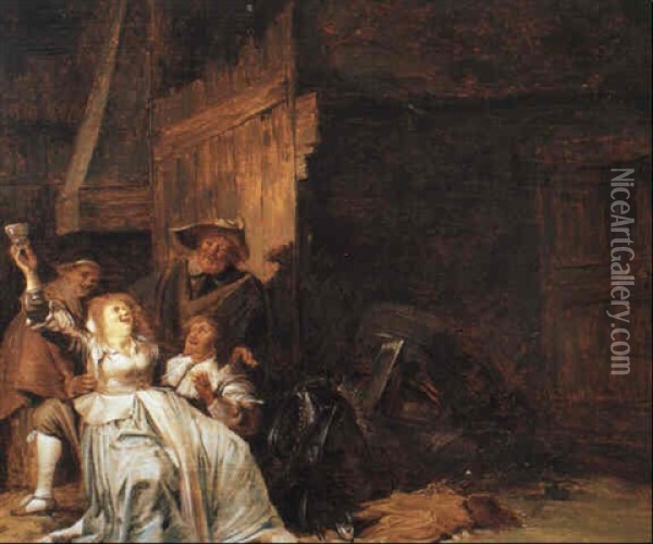 Peasant Woman Entertaining Soldiers In A Barn Oil Painting - Pieter Jacobs Codde